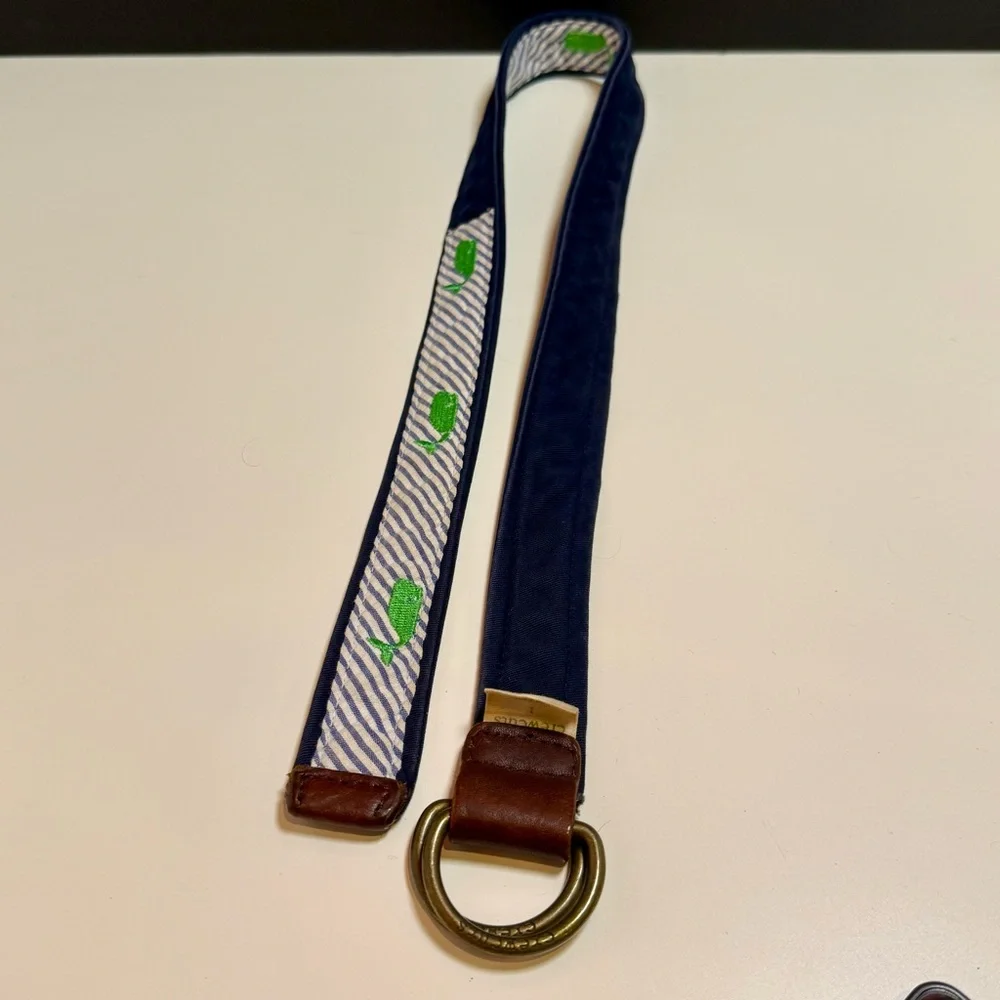 Crewcuts Seersucker and Green Embroidered Whale Striped Belt Kids 33 inches
